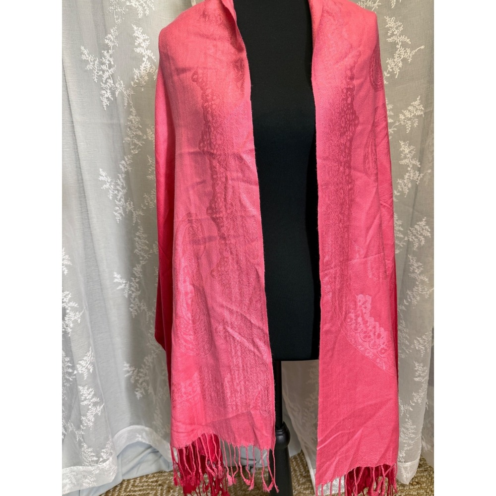 Pink Red Ombre Paisley Jacquard Pashmina Scarf Wrap with Fringe Trim